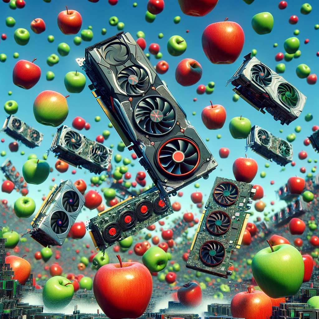DALL E: gpus and apples flying every which direction