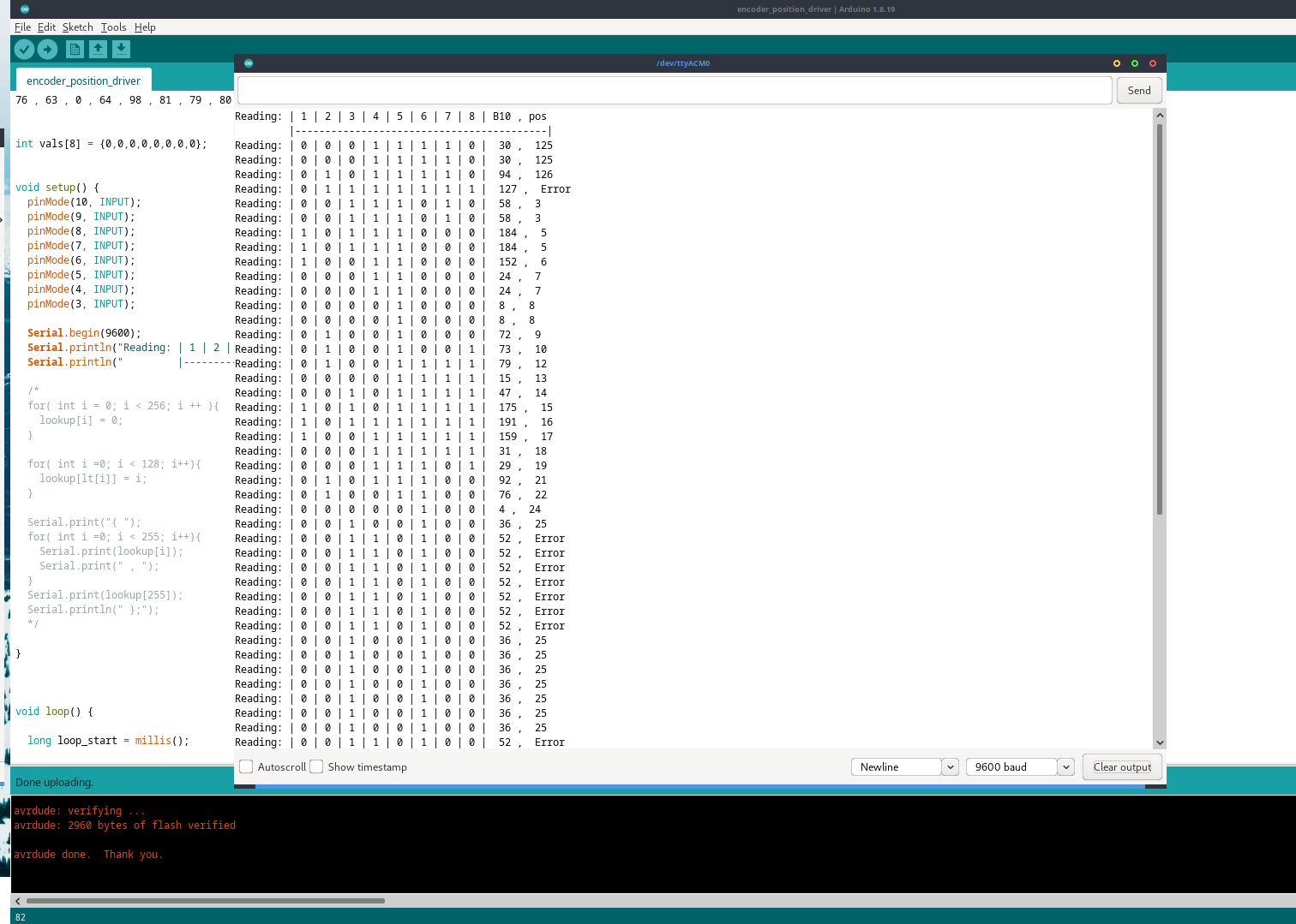 Screen shot of Arduino IDE showing working Encoder