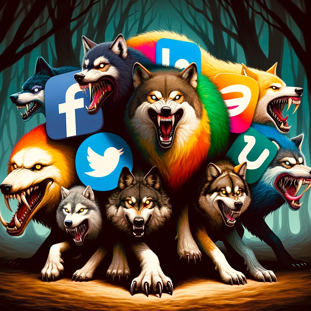 a Dalle image of a pack of wolfs with social media icons